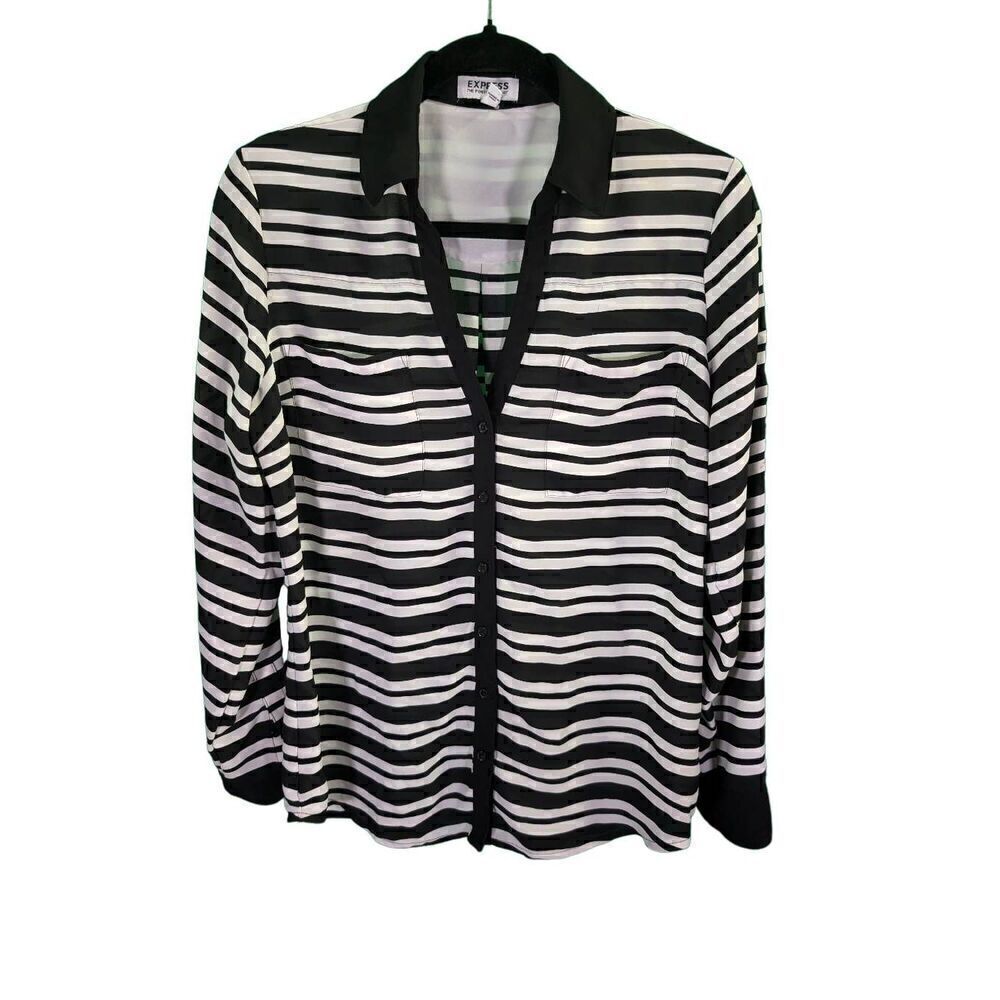 Express Portofino Button Up Shirt Long Sleeve Stripes Black Women’s Size M